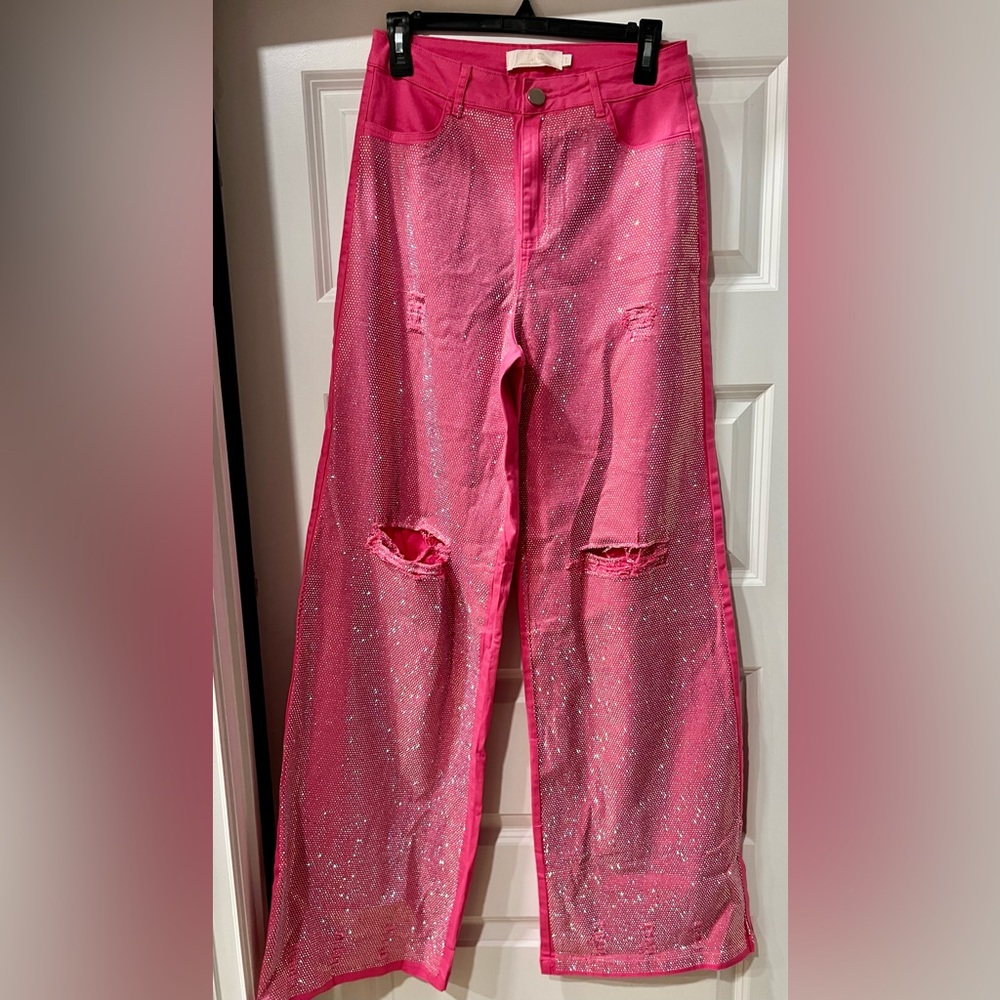 Pink Wide Leg Jean with Rhinstones